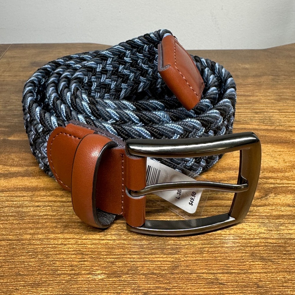 NEW Perry Ellis Portfolio Mens Braided Stretch Belt Blue Leather Trim Large